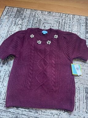 CeCe Plum Short-Sleeve Cable Knit Sweater with Rhinestone Flower Accents